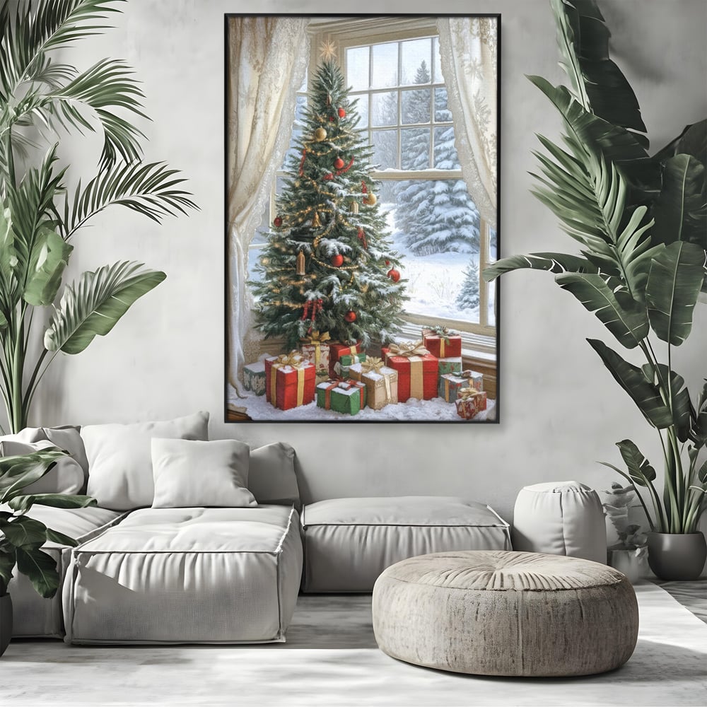 Tablou canvas cu tablou canvas cu brad de craciun si cadouri, in rama de aluminiu negru, pe perete intr-un living